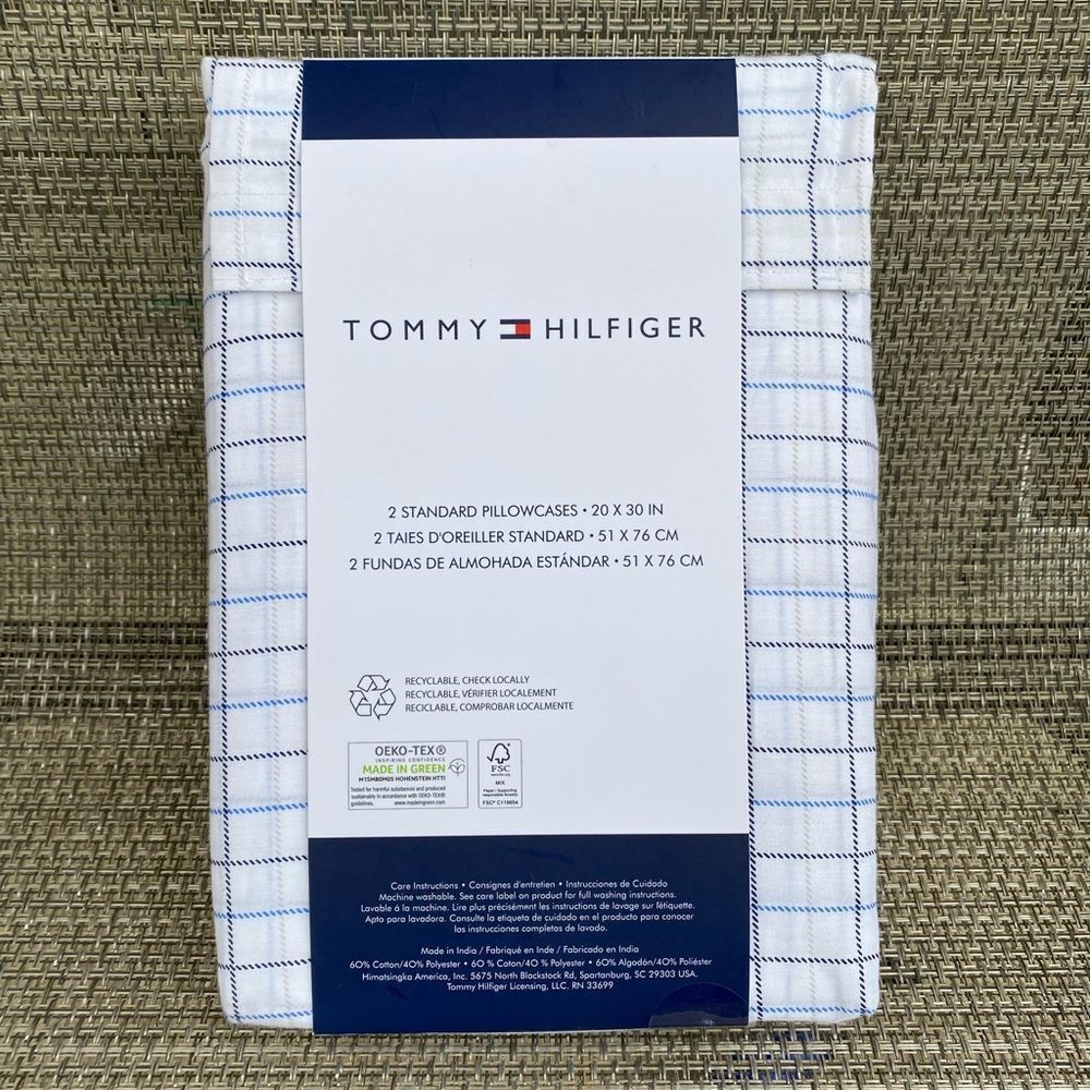 Tommy Hilfiger White Blue Plaid Printed Cotton Blend STANDARD Pillowcase Set 2pc - Picture 2 of 6